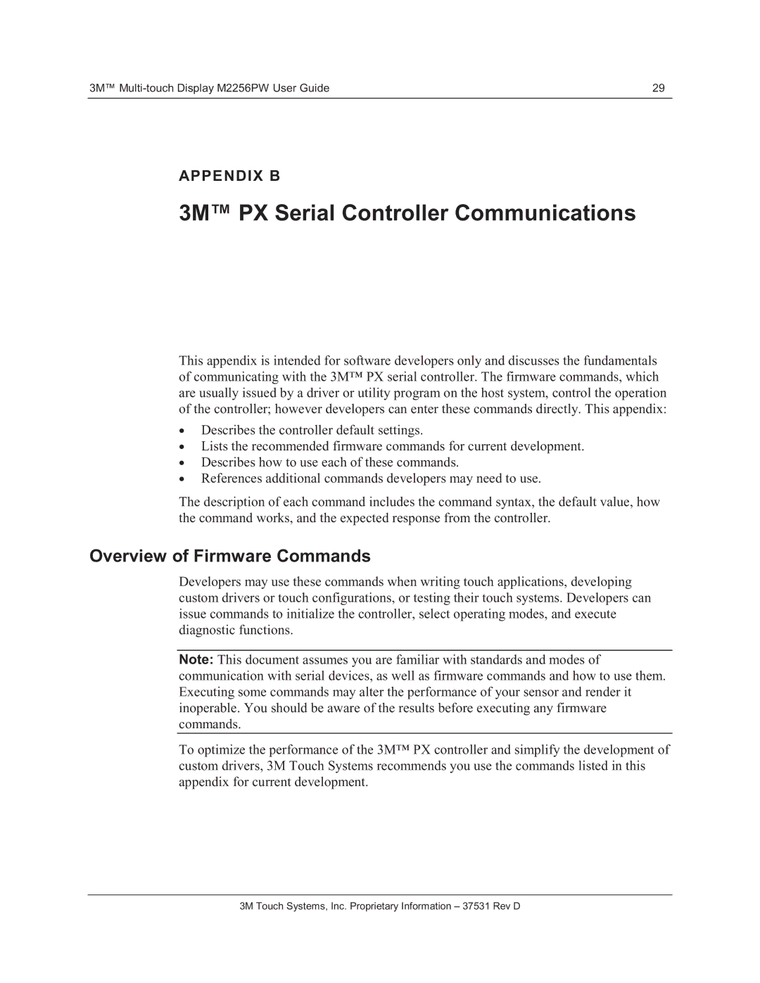 3M M2256PW manual 3M PX Serial Controller Communications, Overview of Firmware Commands 