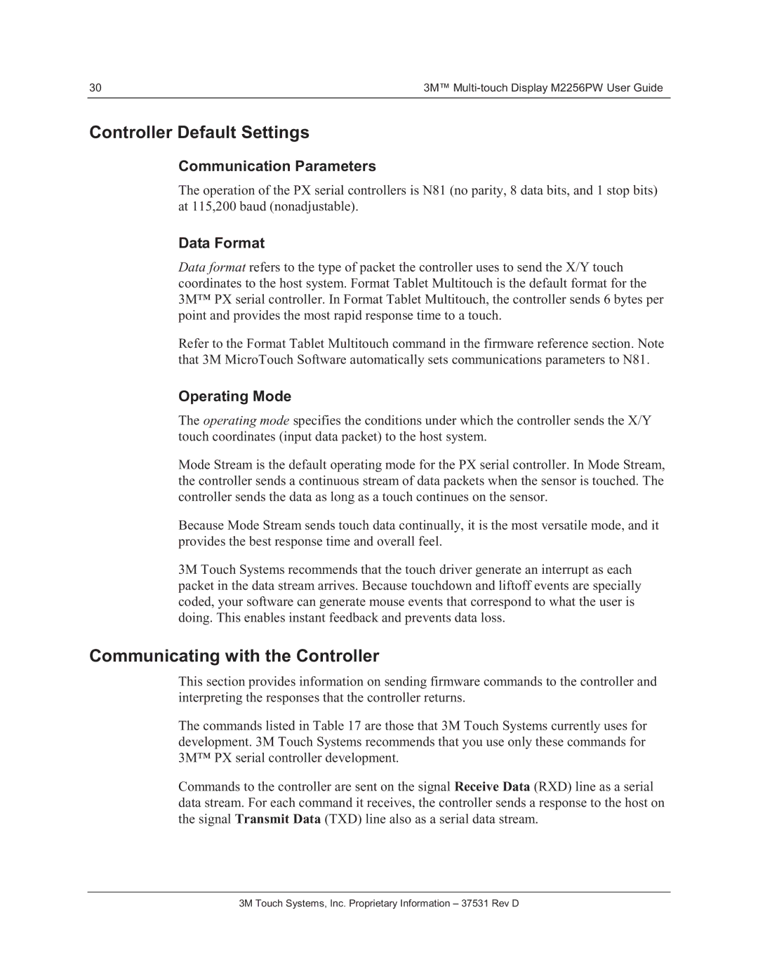 3M M2256PW manual Controller Default Settings, Communicating with the Controller, Communication Parameters, Data Format 