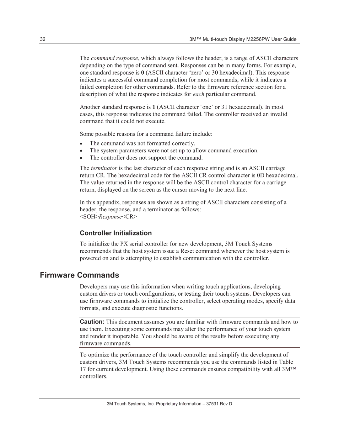 3M M2256PW manual Firmware Commands, Controller Initialization 