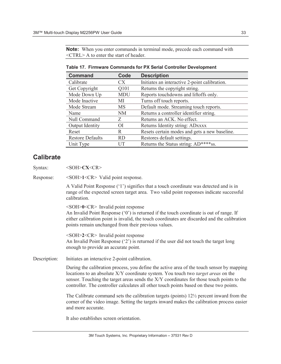 3M M2256PW manual Calibrate, Command Code Description, Mdu, SOH Cxcr 