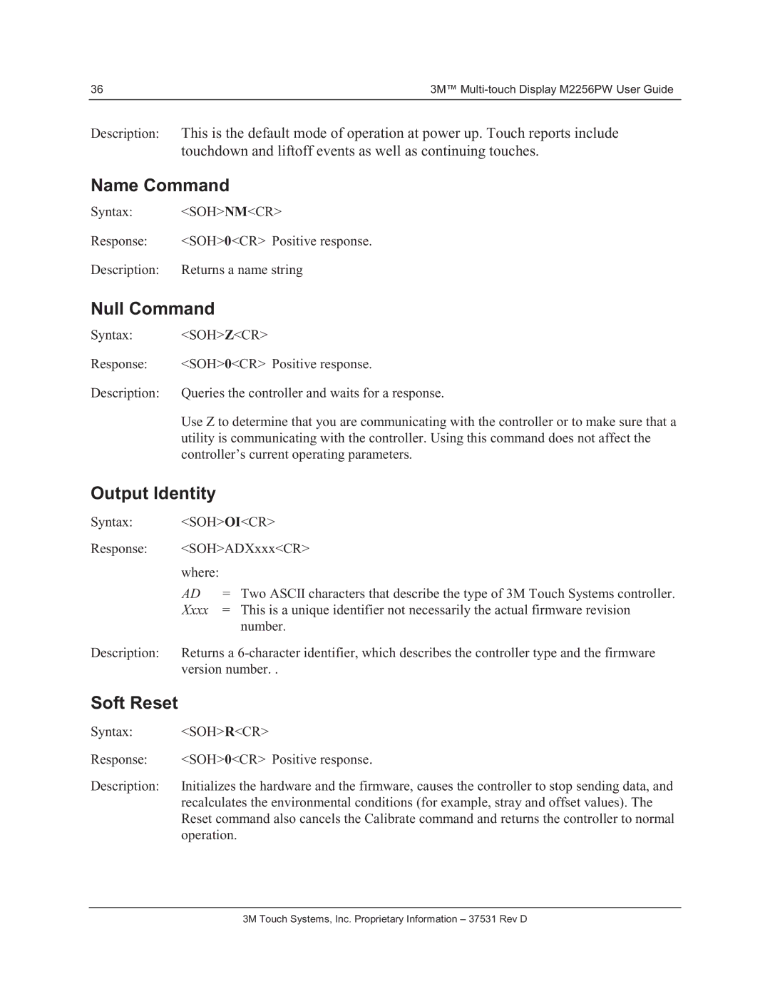 3M M2256PW manual Name Command, Null Command, Output Identity, Soft Reset 