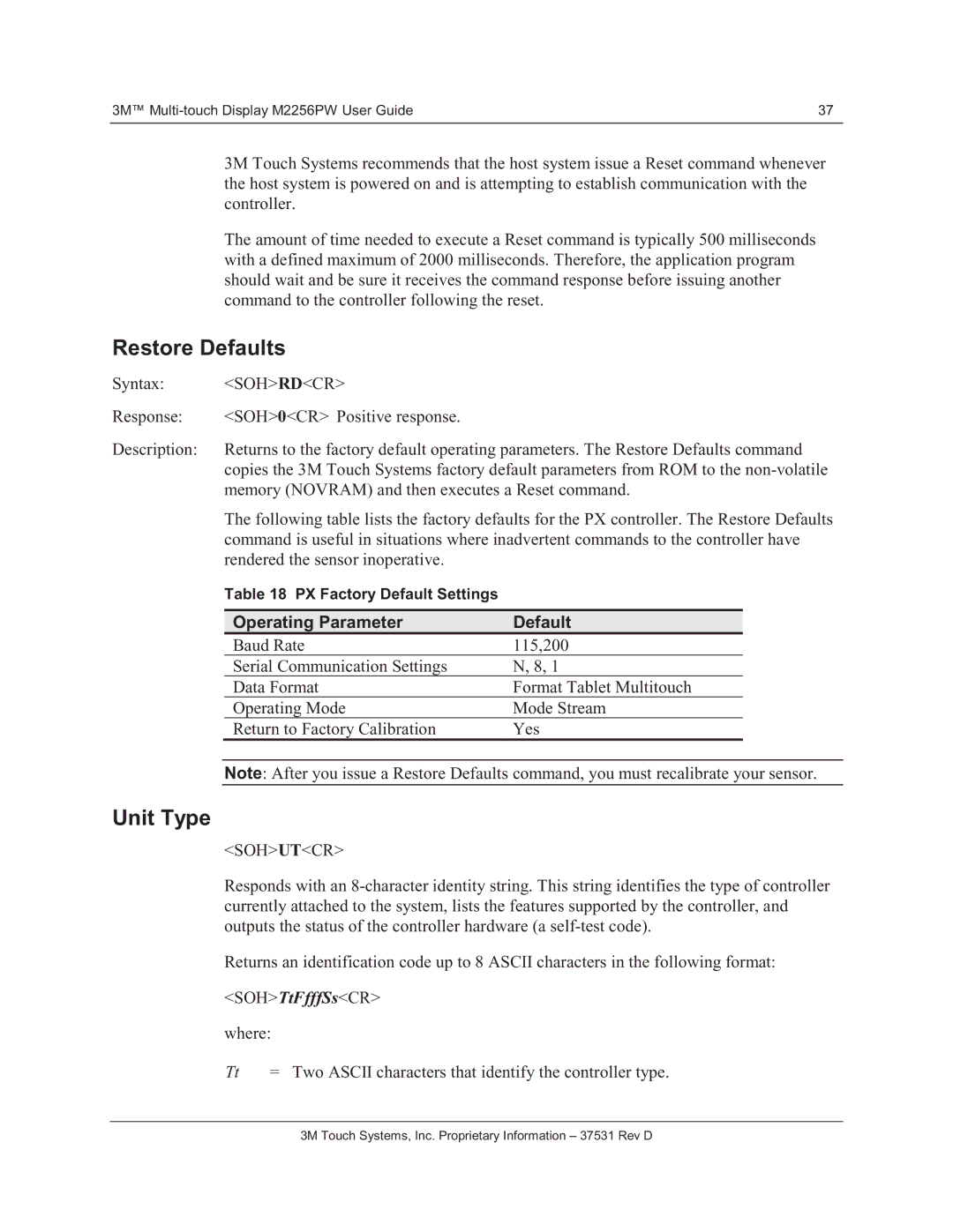 3M M2256PW manual Restore Defaults, Unit Type, SOH Rdcr, Operating Parameter Default, Sohutcr 