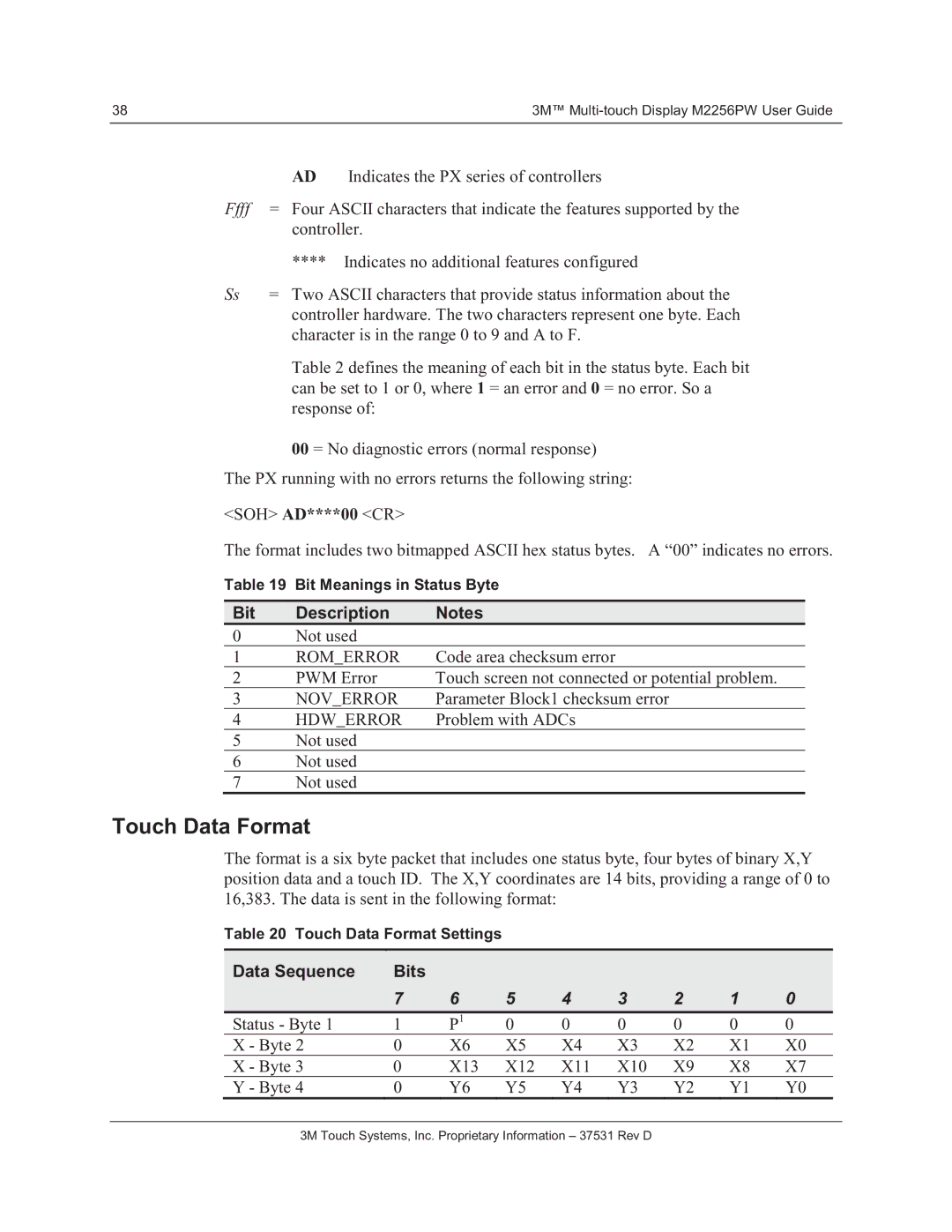 3M M2256PW manual Touch Data Format, Bit Description, Data Sequence Bits 