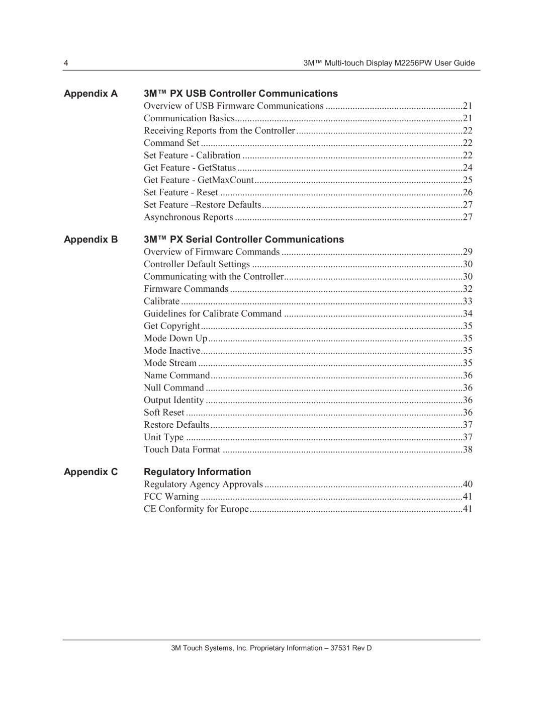 3M M2256PW manual Appendix a 3M PX USB Controller Communications, Appendix B 3M PX Serial Controller Communications 