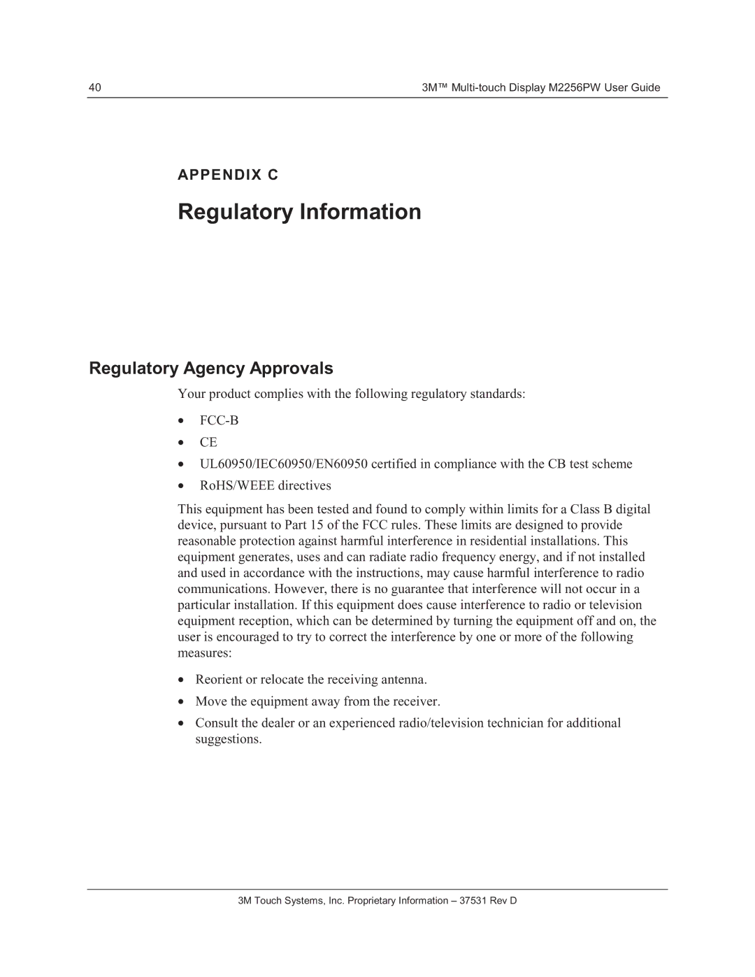 3M M2256PW manual Regulatory Information, Regulatory Agency Approvals, Fcc-B 