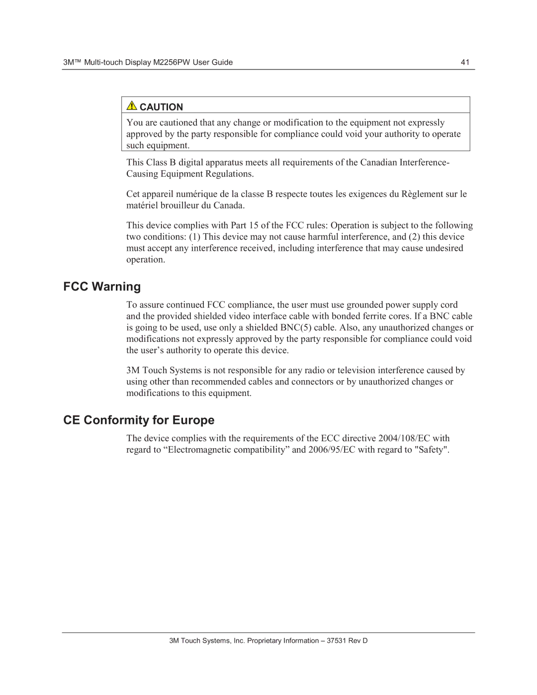 3M M2256PW manual FCC Warning, CE Conformity for Europe 