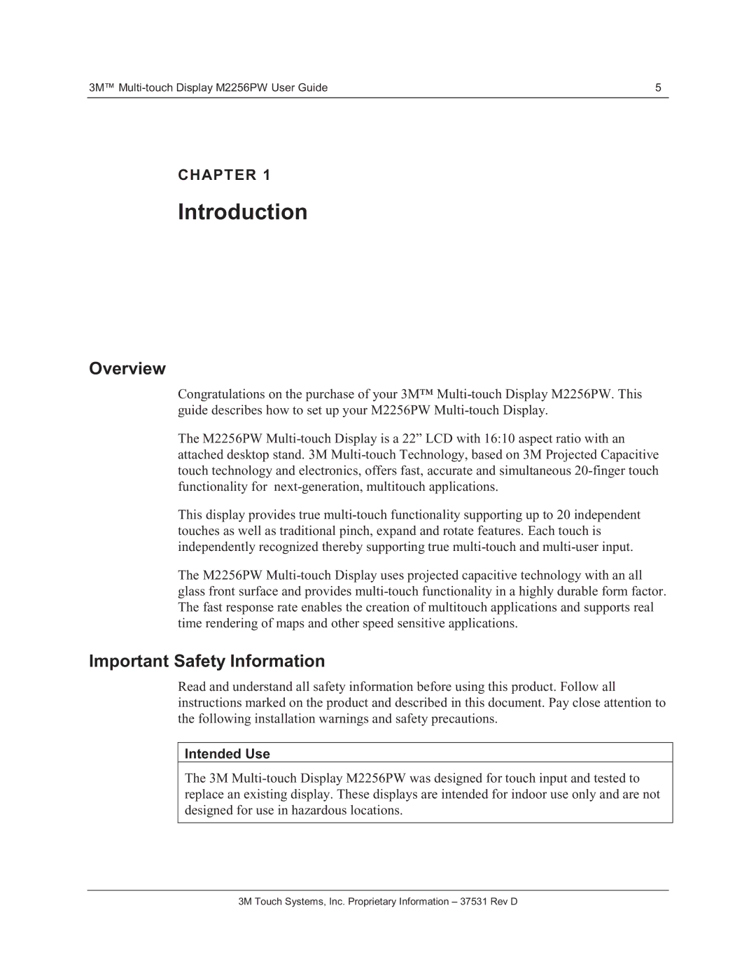 3M M2256PW manual Introduction, Overview, Important Safety Information, Intended Use 