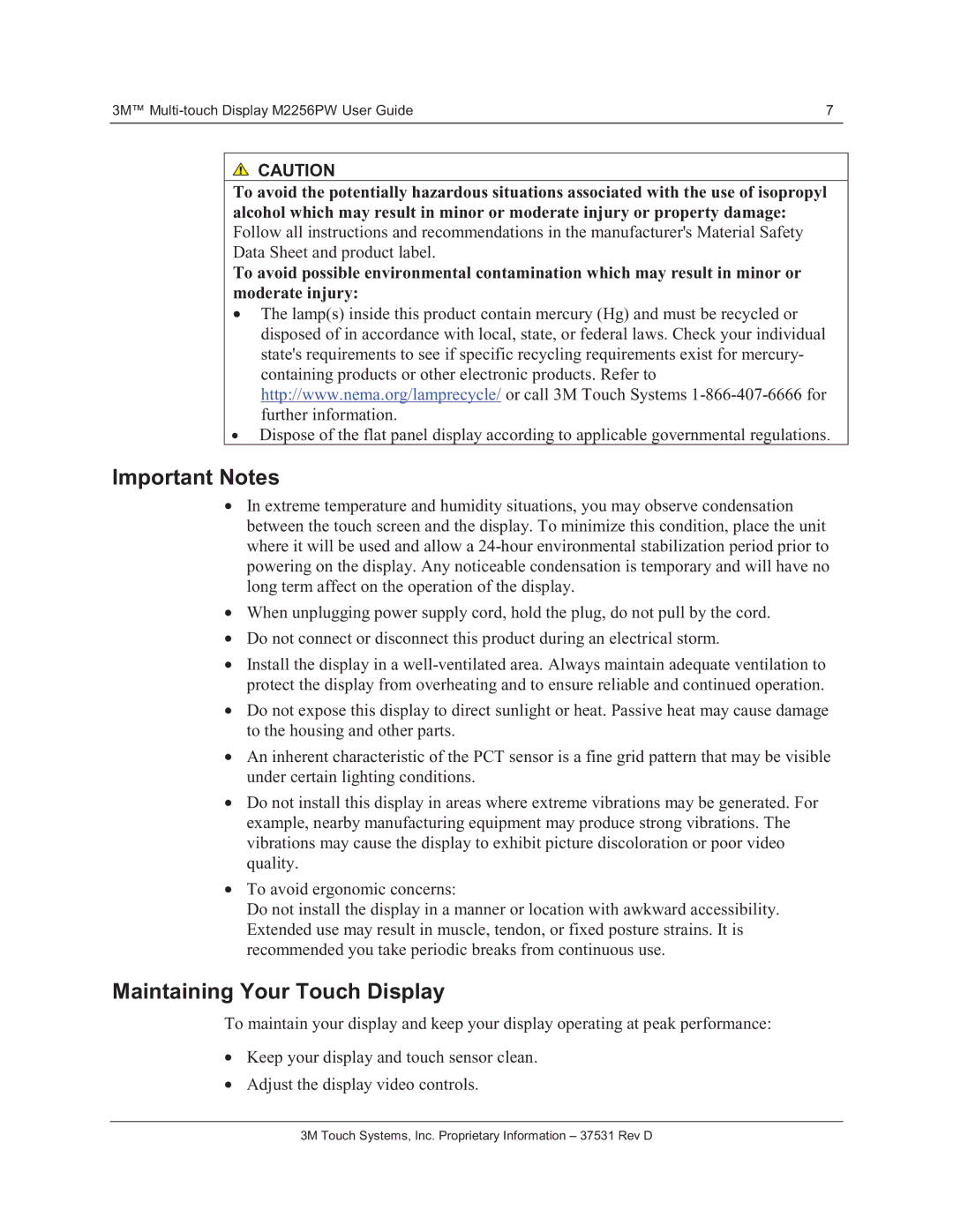 3M M2256PW manual Important Notes, Maintaining Your Touch Display 