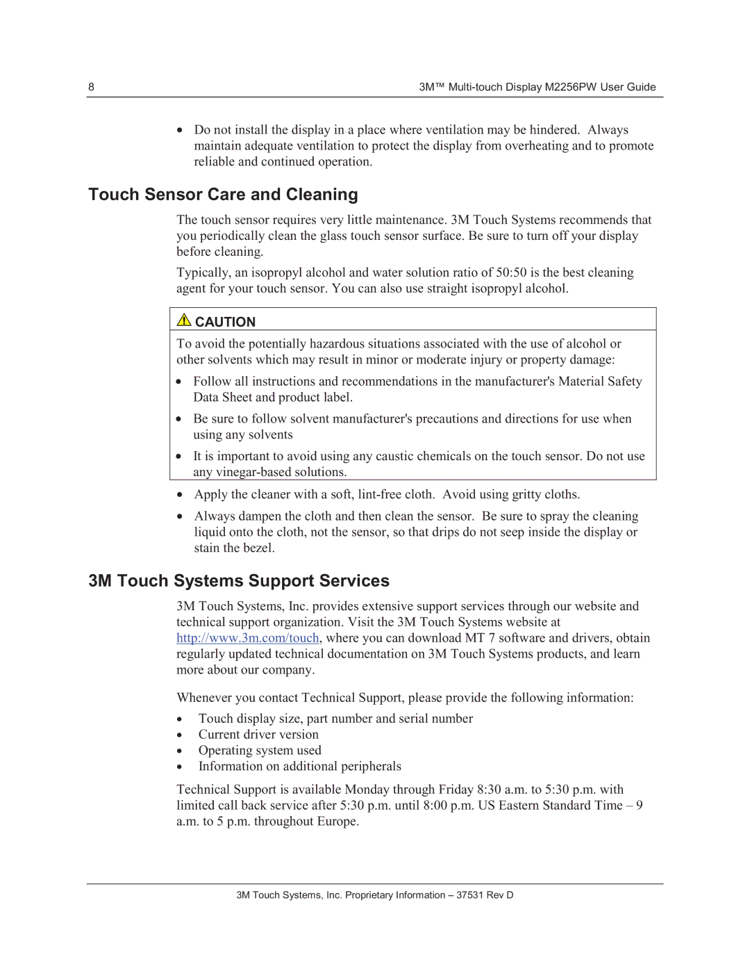 3M M2256PW manual Touch Sensor Care and Cleaning, 3M Touch Systems Support Services 