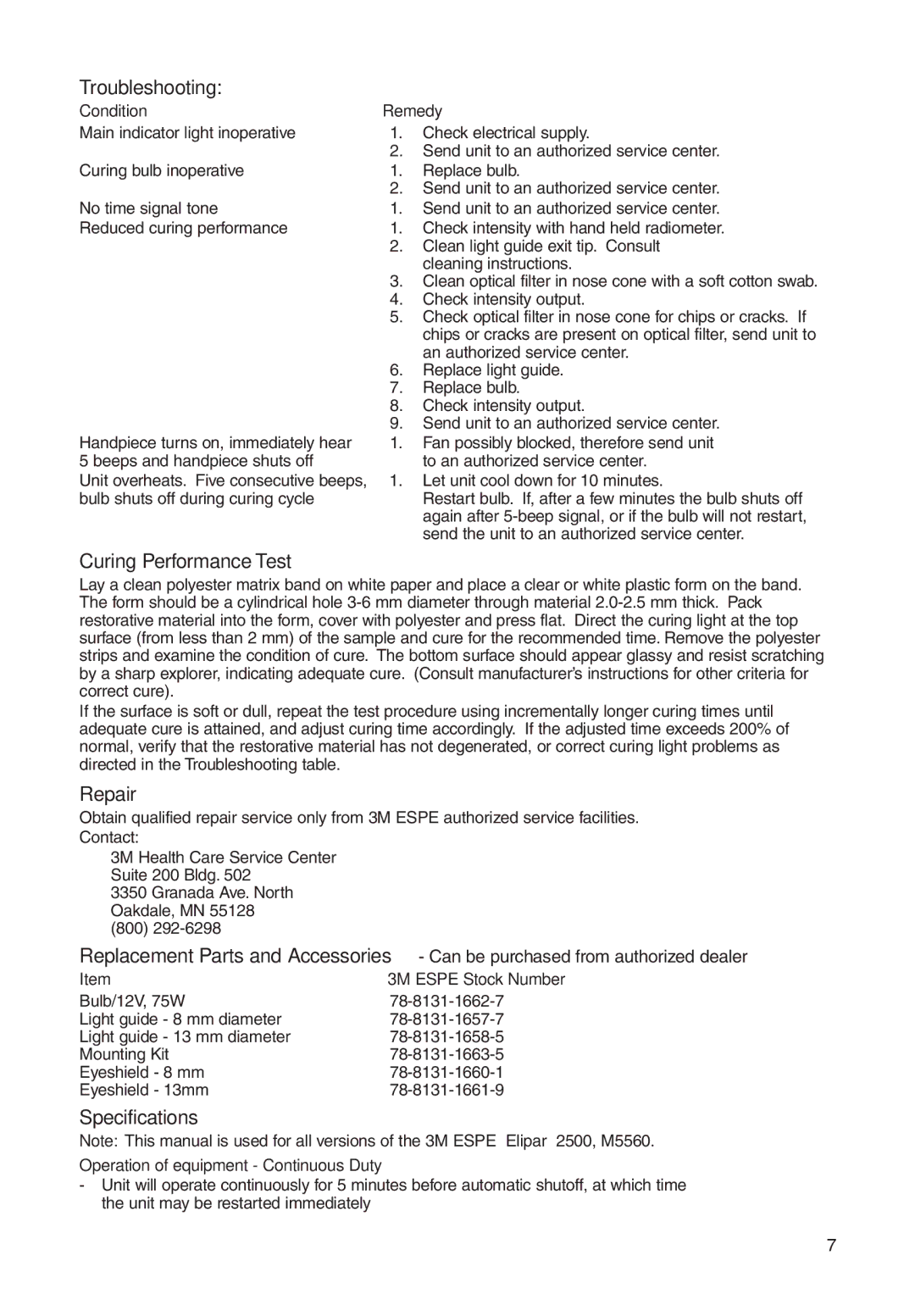 3M M5560 manual Troubleshooting, Curing Performance Test, Repair, Specifications 