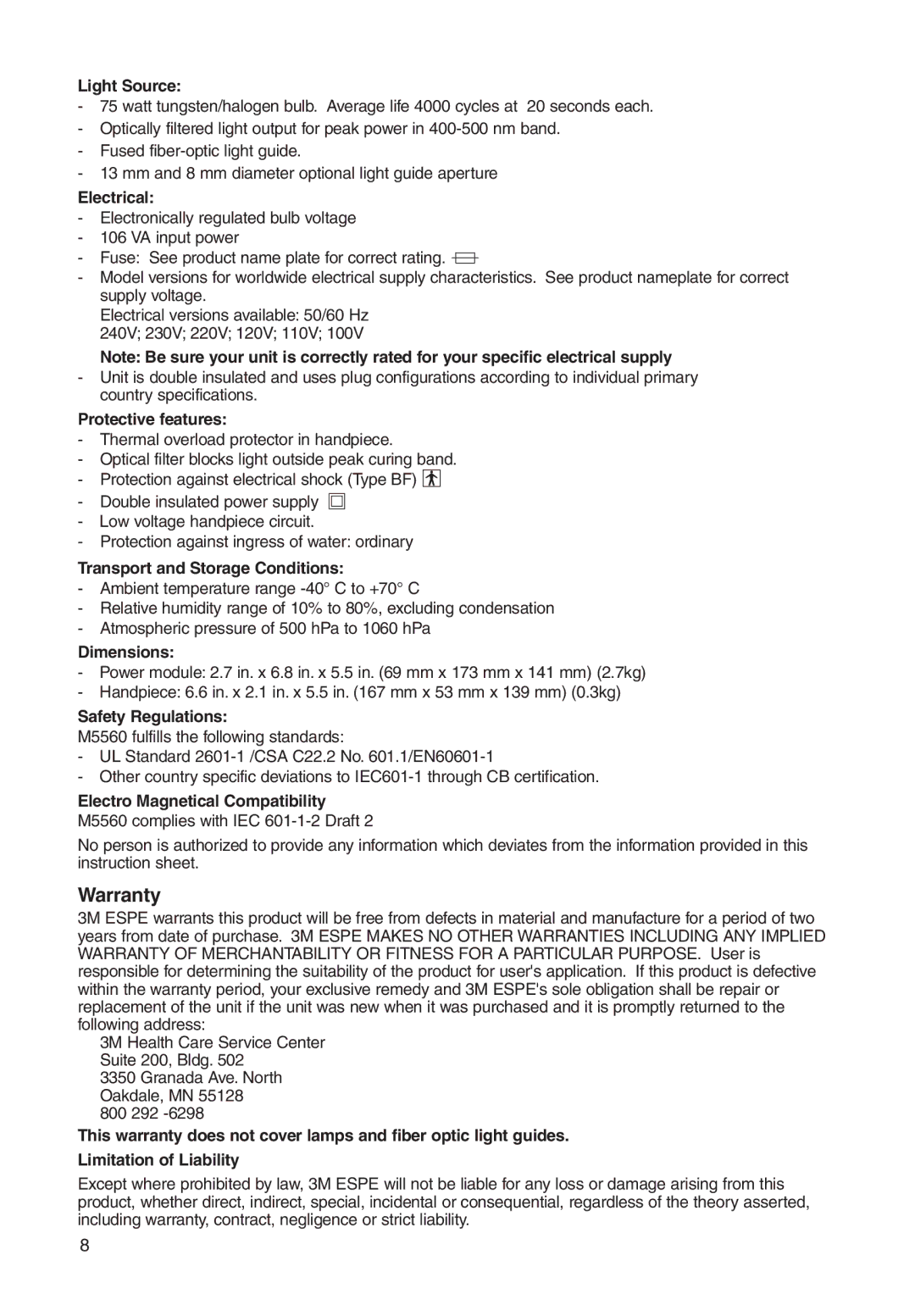 3M M5560 manual Warranty 