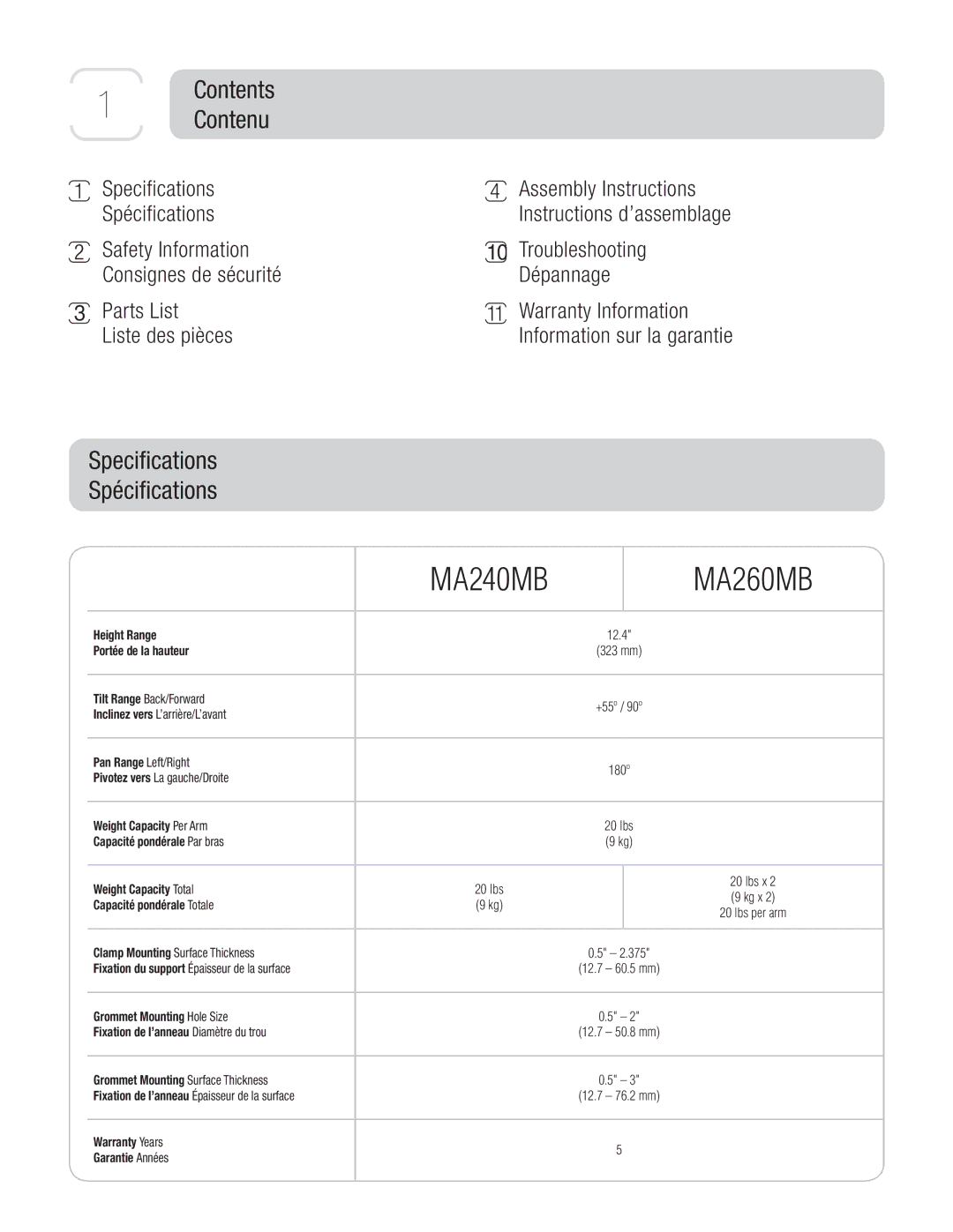 3M MA260MB, MA240MB owner manual Contents Contenu, Speciﬁcations Spéciﬁcations 