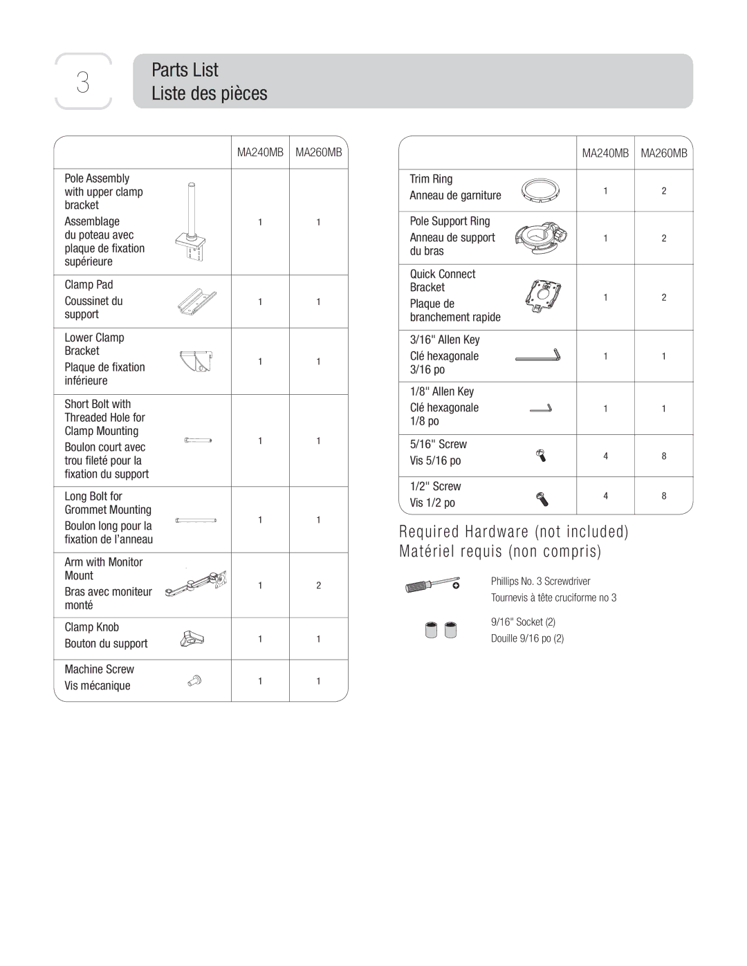 3M MA260MB, MA240MB owner manual Parts List Liste des pièces 