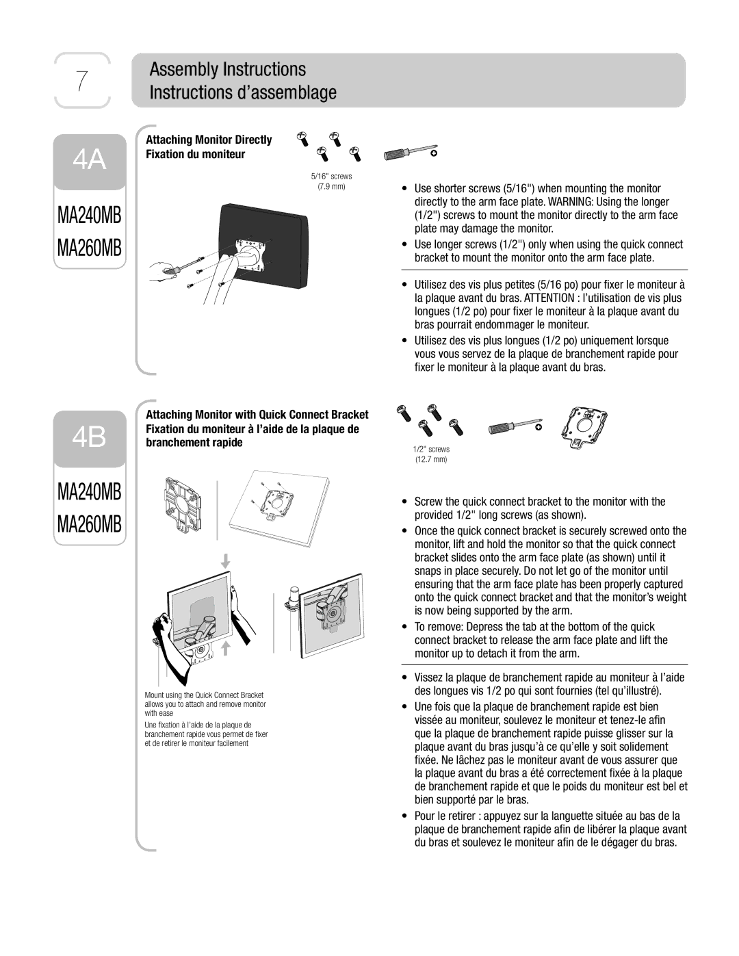 3M MA260MB, MA240MB owner manual Attaching Monitor Directly, Fixation du moniteur, Bras pourrait endommager le moniteur 