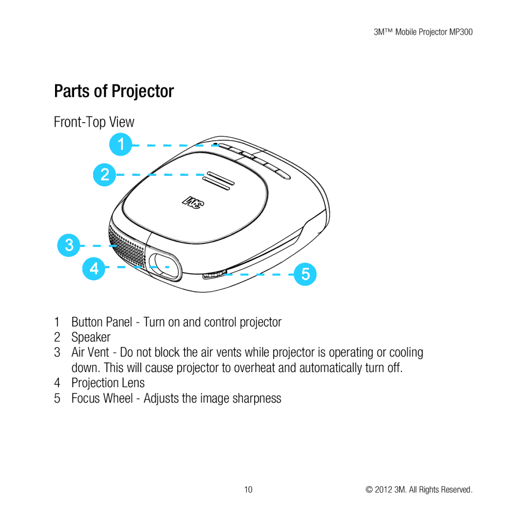 3M MP300 user manual Parts of Projector, Front-Top View, Button Panel Turn on and control projector Speaker 