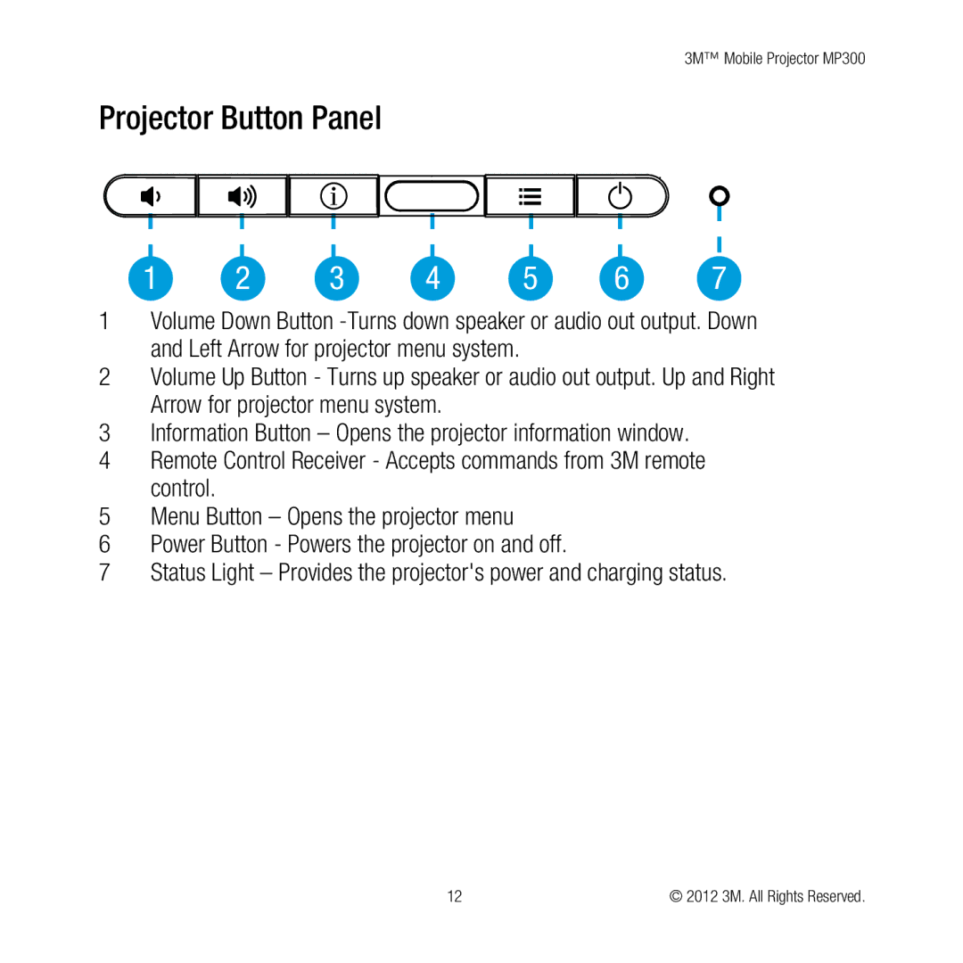 3M MP300 user manual Projector Button Panel 