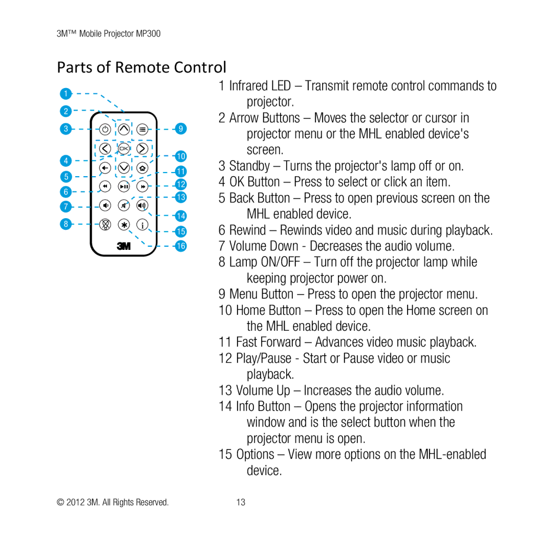 3M MP300 user manual Volume Down Decreases the audio volume, Menu Button Press to open the projector menu 