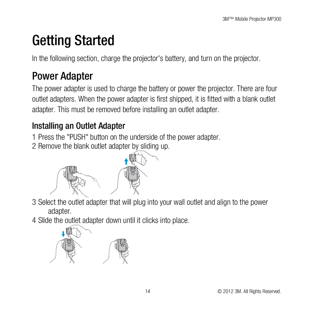 3M MP300 user manual Getting Started, Power Adapter, Installing an Outlet Adapter 