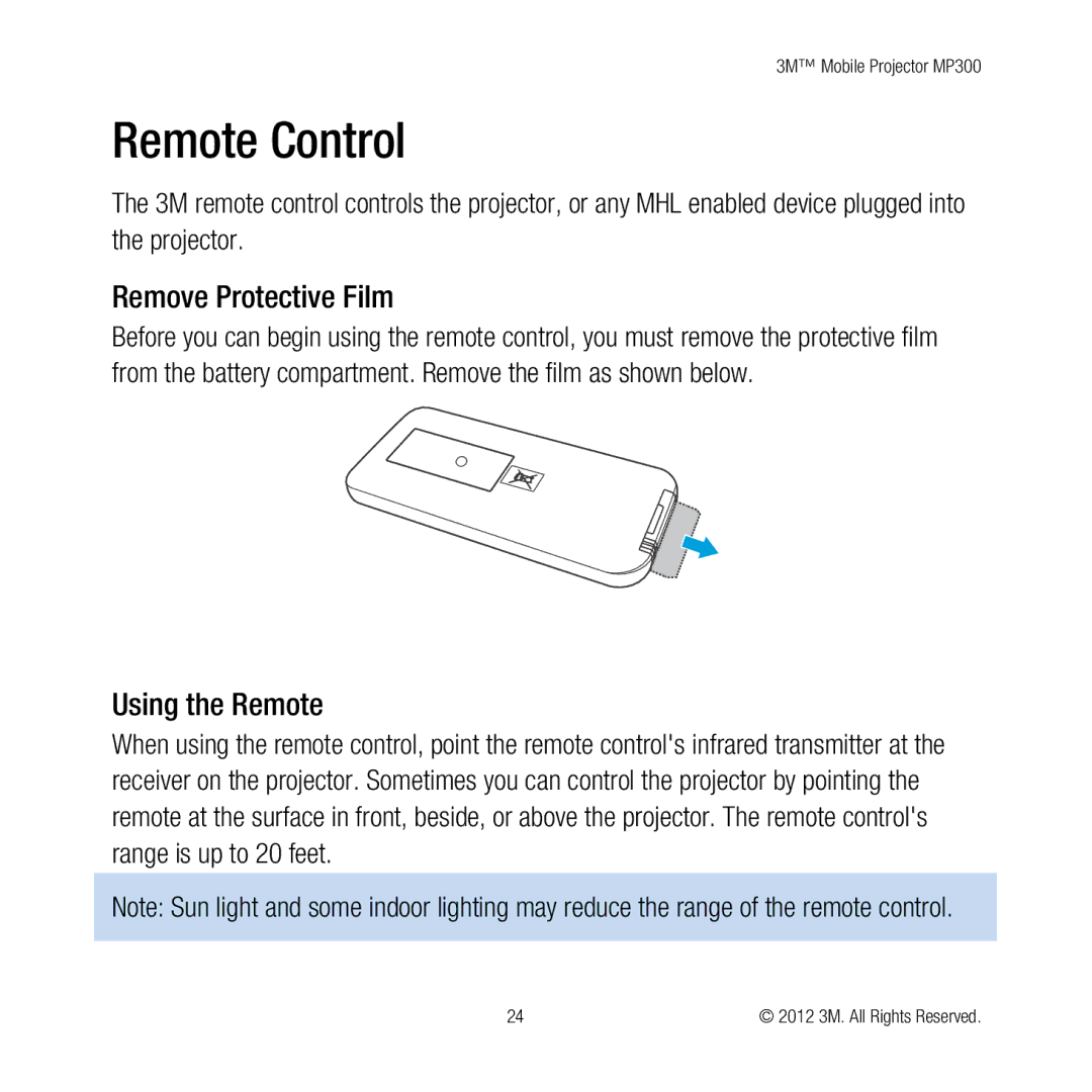 3M MP300 user manual Remote Control, Remove Protective Film, Using the Remote 