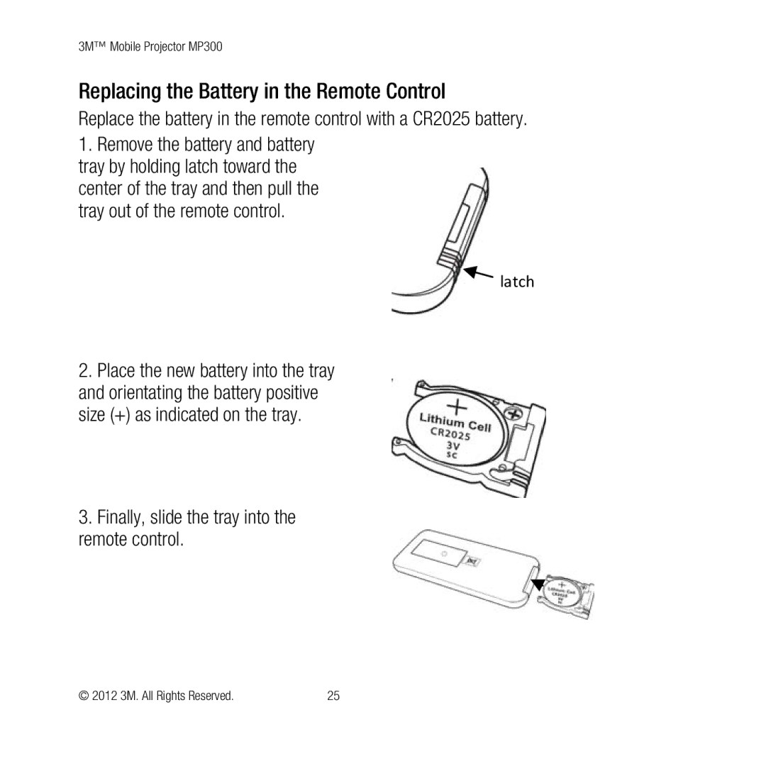 3M MP300 user manual Replacing the Battery in the Remote Control, Finally, slide the tray into the remote control 