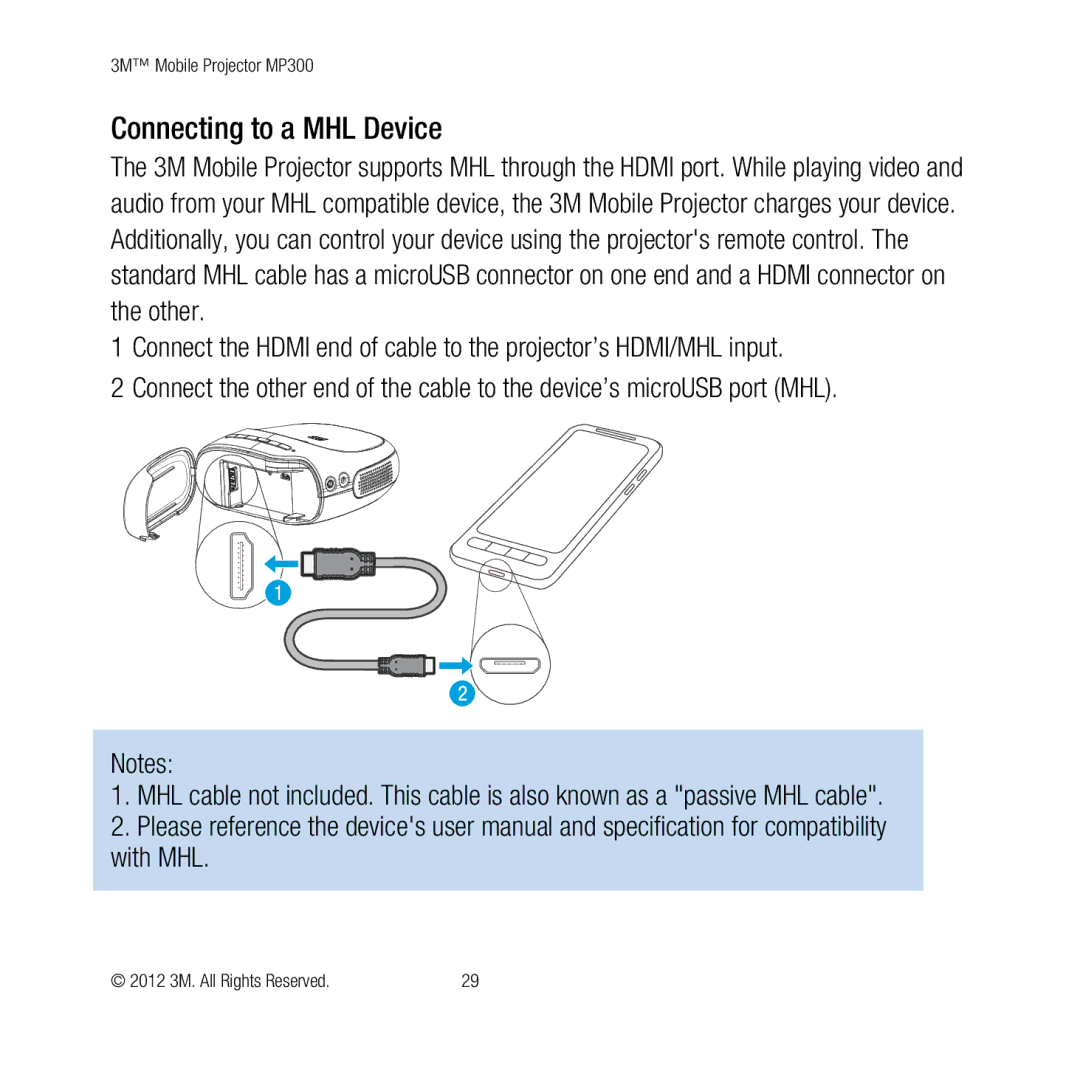 3M MP300 user manual Connecting to a MHL Device 