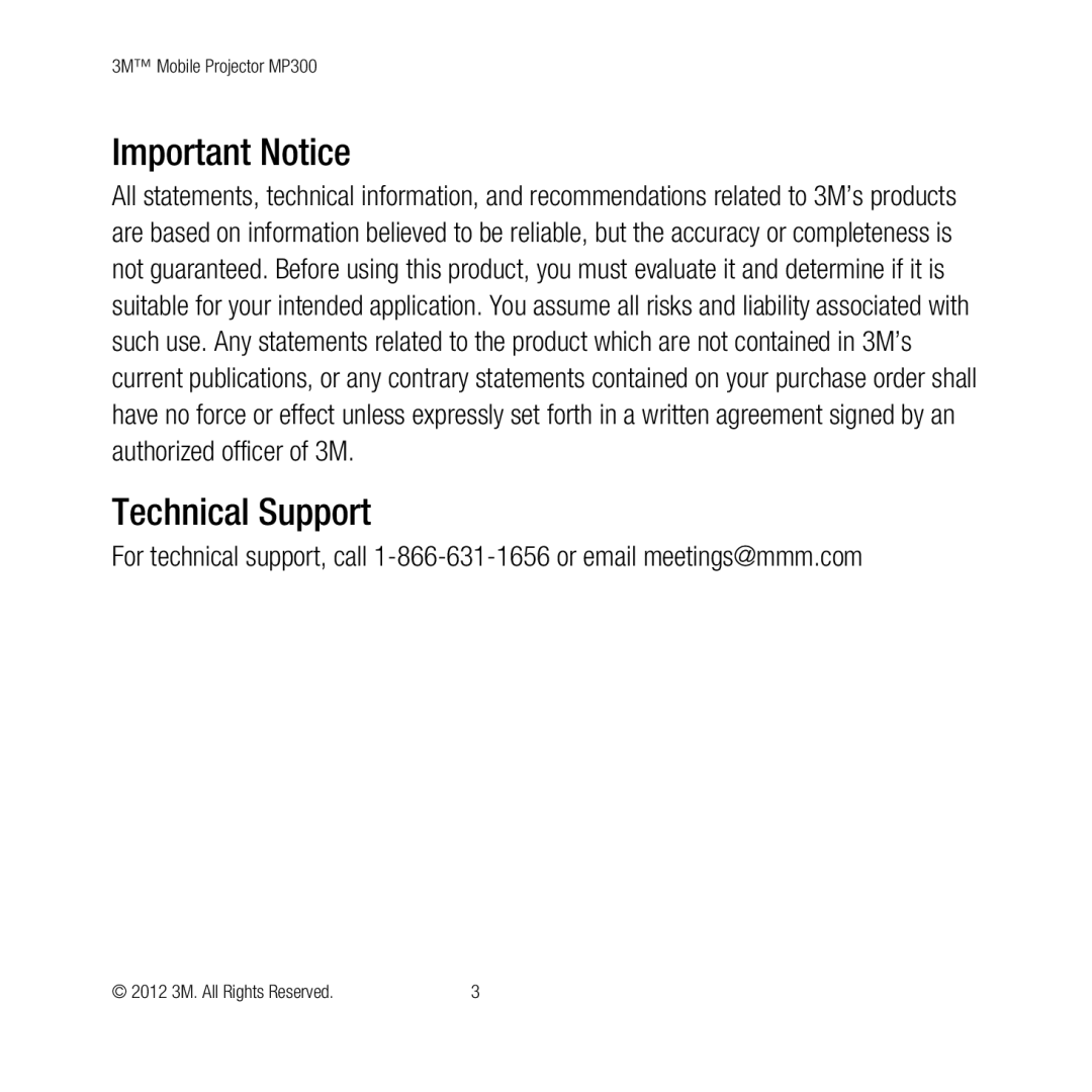 3M MP300 user manual Important Notice, Technical Support 