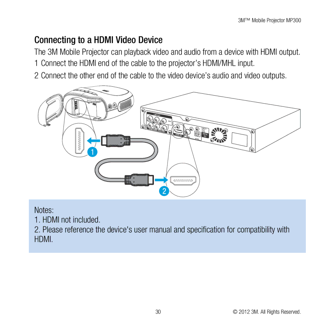 3M MP300 user manual Connecting to a Hdmi Video Device, Hdmi not included 