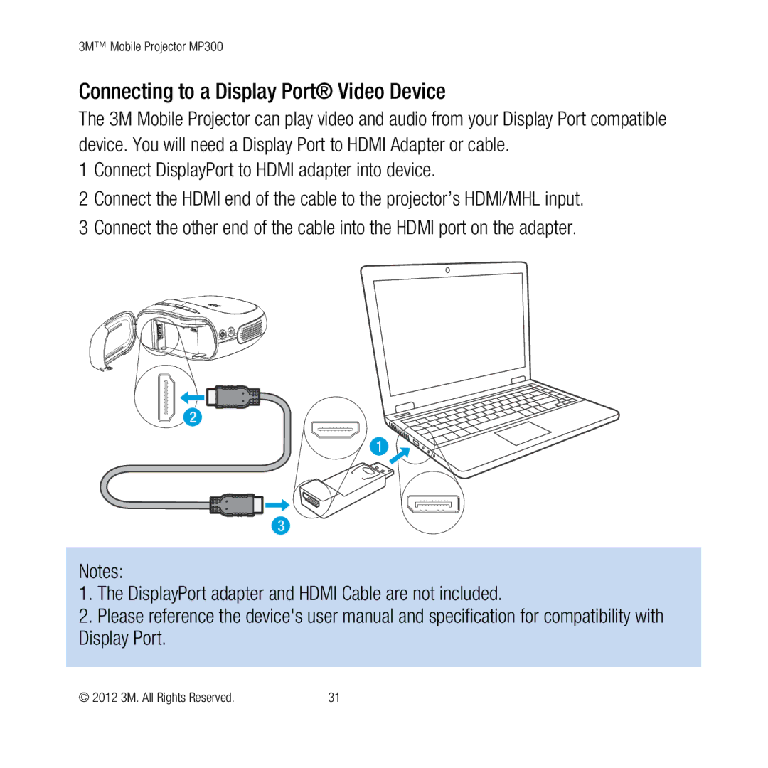 3M MP300 user manual Connecting to a Display Port Video Device 