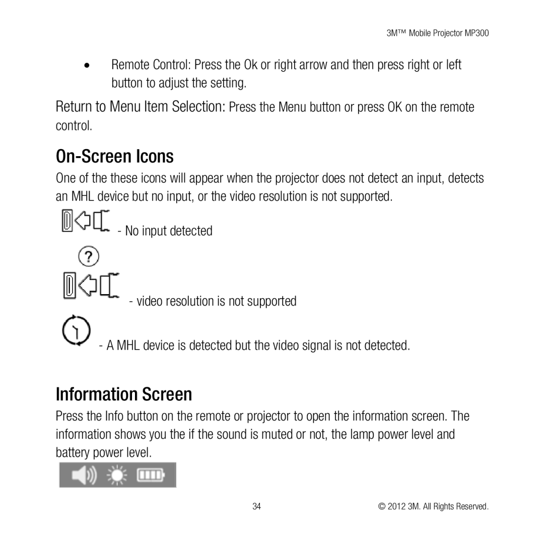 3M MP300 user manual On-Screen Icons, Information Screen 