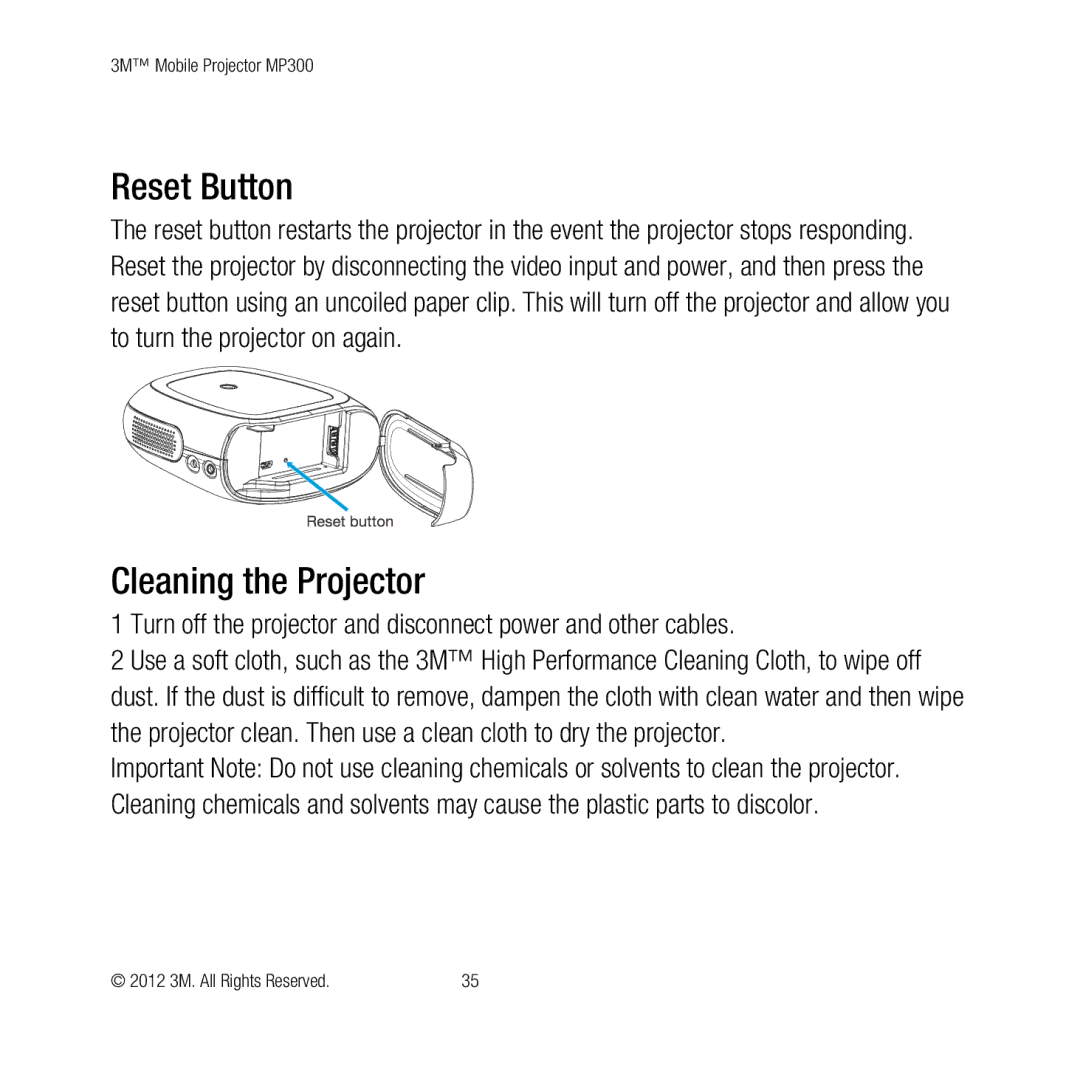 3M MP300 user manual Reset Button, Cleaning the Projector 