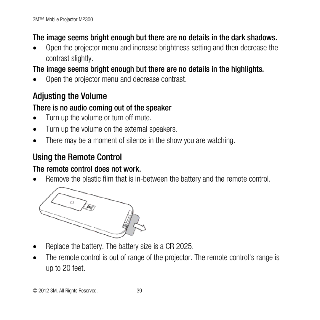 3M MP300 user manual Adjusting the Volume, Using the Remote Control, Remote control does not work 