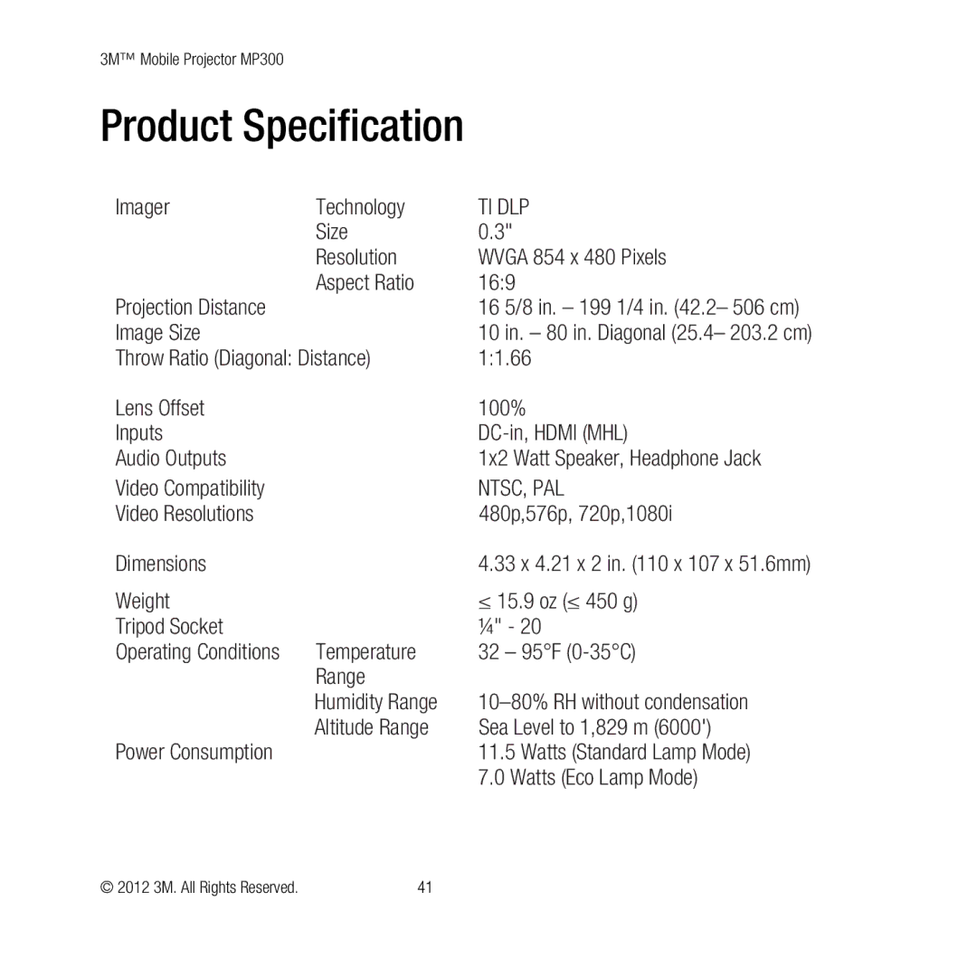 3M MP300 user manual Product Specification, Ti Dlp 