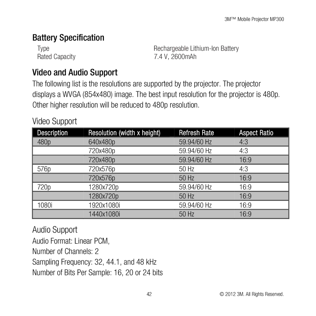 3M MP300 user manual Video and Audio Support, Video Support 