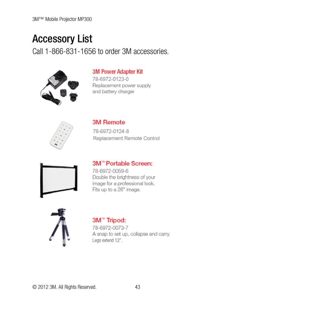 3M MP300 user manual Accessory List, Call 1-866-831-1656 to order 3M accessories 