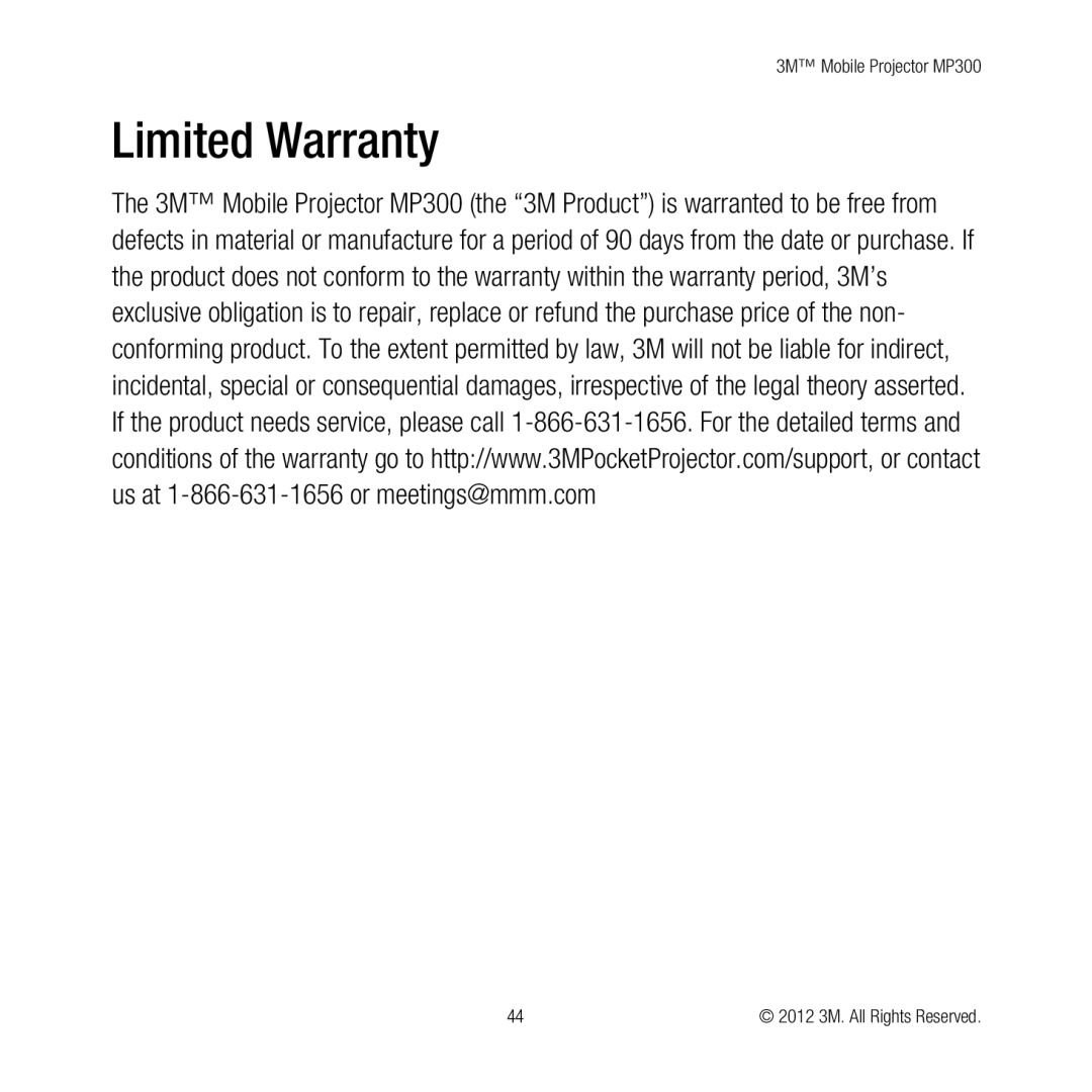 3M MP300 user manual Limited Warranty 