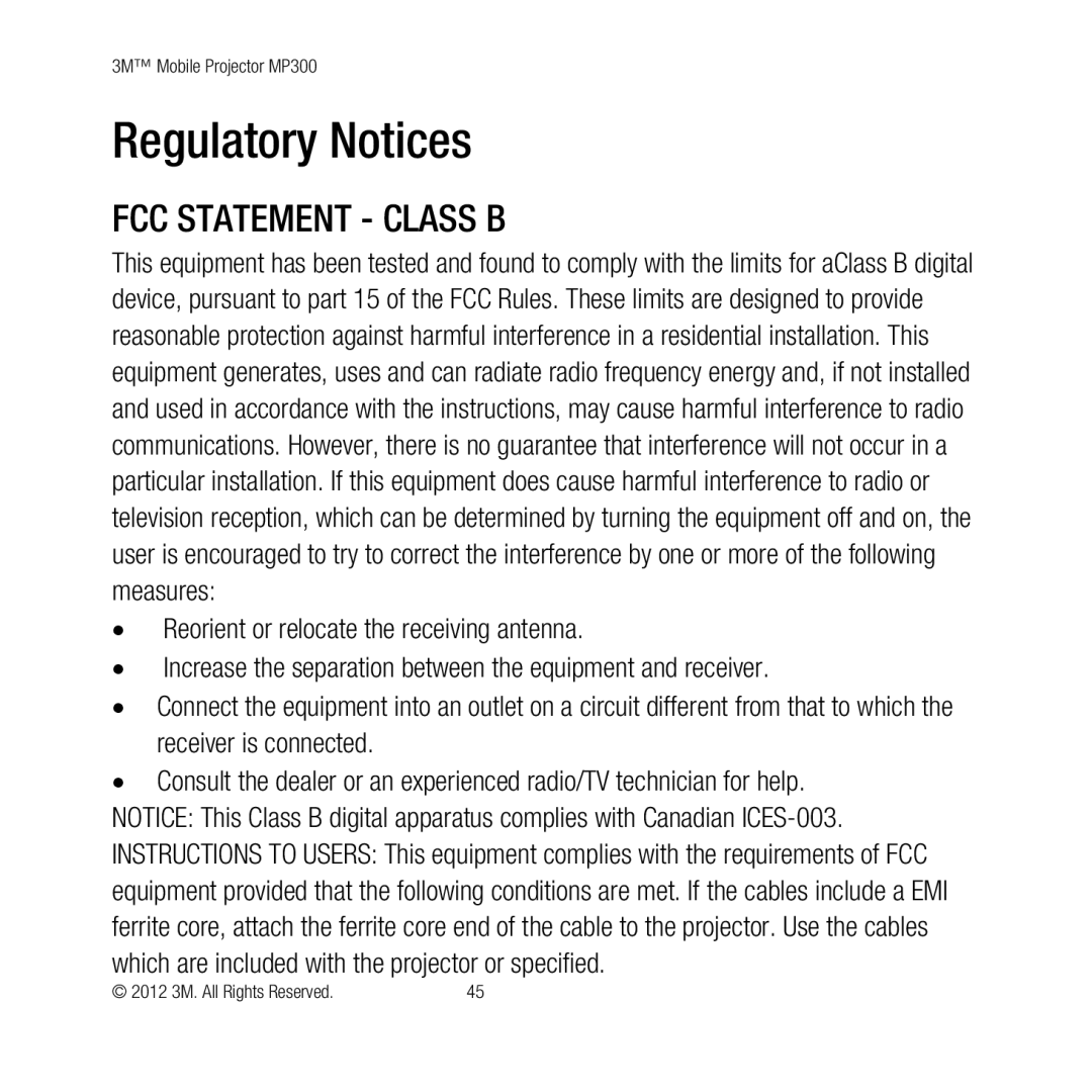 3M MP300 user manual Regulatory Notices, FCC Statement Class B 