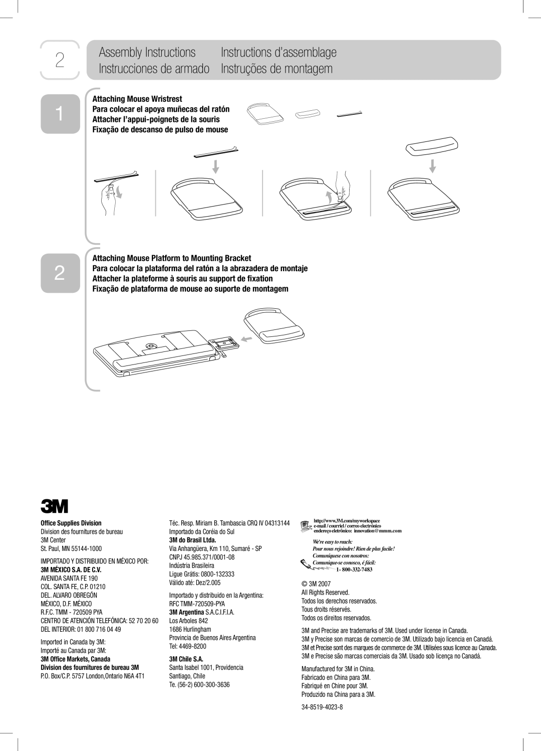 3M MP400LE Instrucciones de armado Instruções de montagem, Attaching Mouse Wristrest, 3M Ofﬁce Markets, Canada 