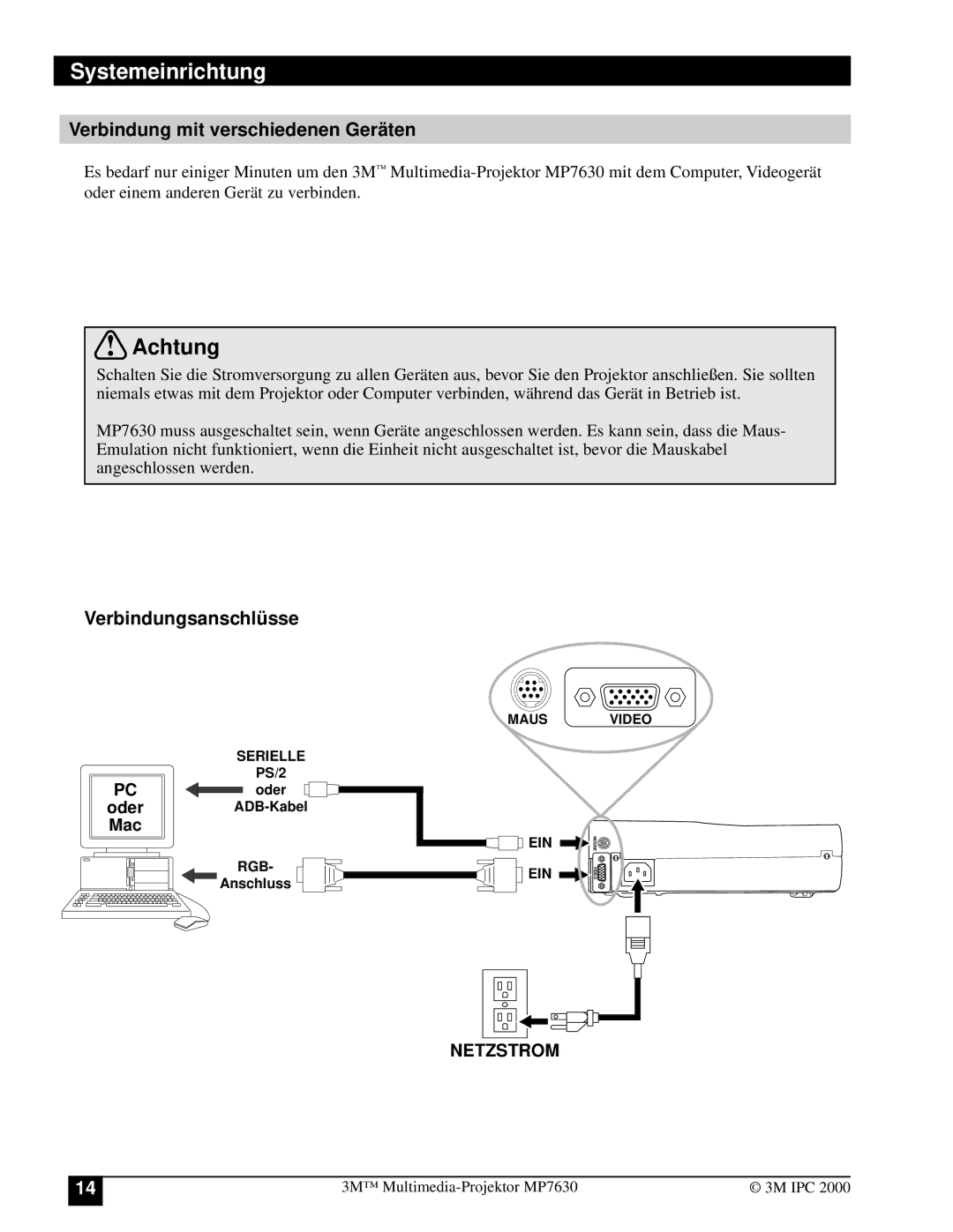 3M MP7630 manual Verbindung mit verschiedenen Gerä ten, Verbindungsanschlü sse 