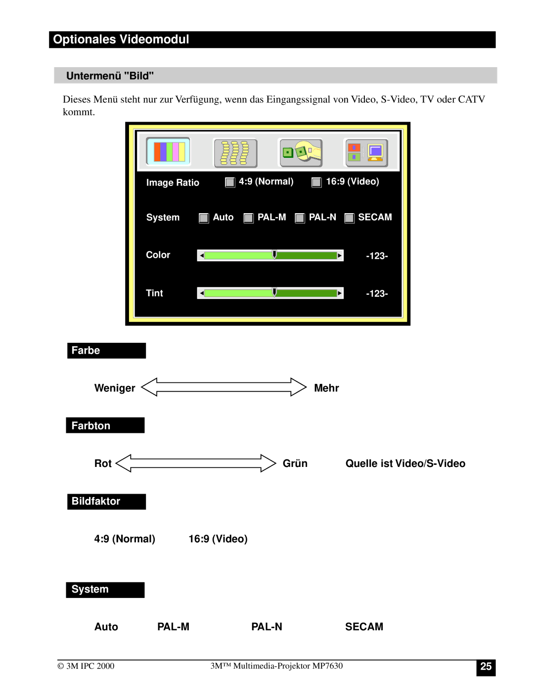 3M MP7630 manual Untermenü Bild, Weniger Mehr, Rot Grü n Quelle ist Video/S-Video, Normal Video, Auto 
