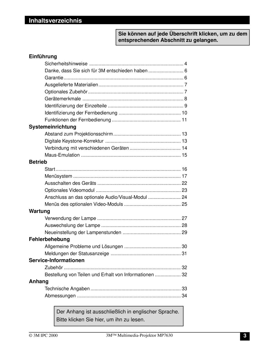 3M MP7630 manual Inhaltsverzeichnis 