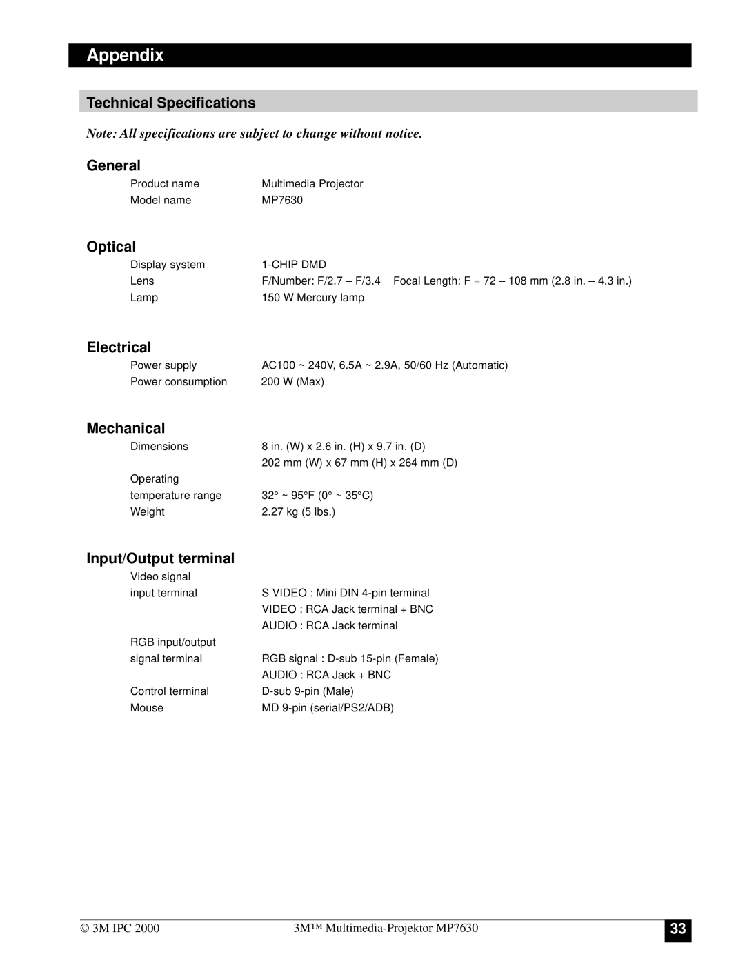 3M MP7630 manual Appendix 