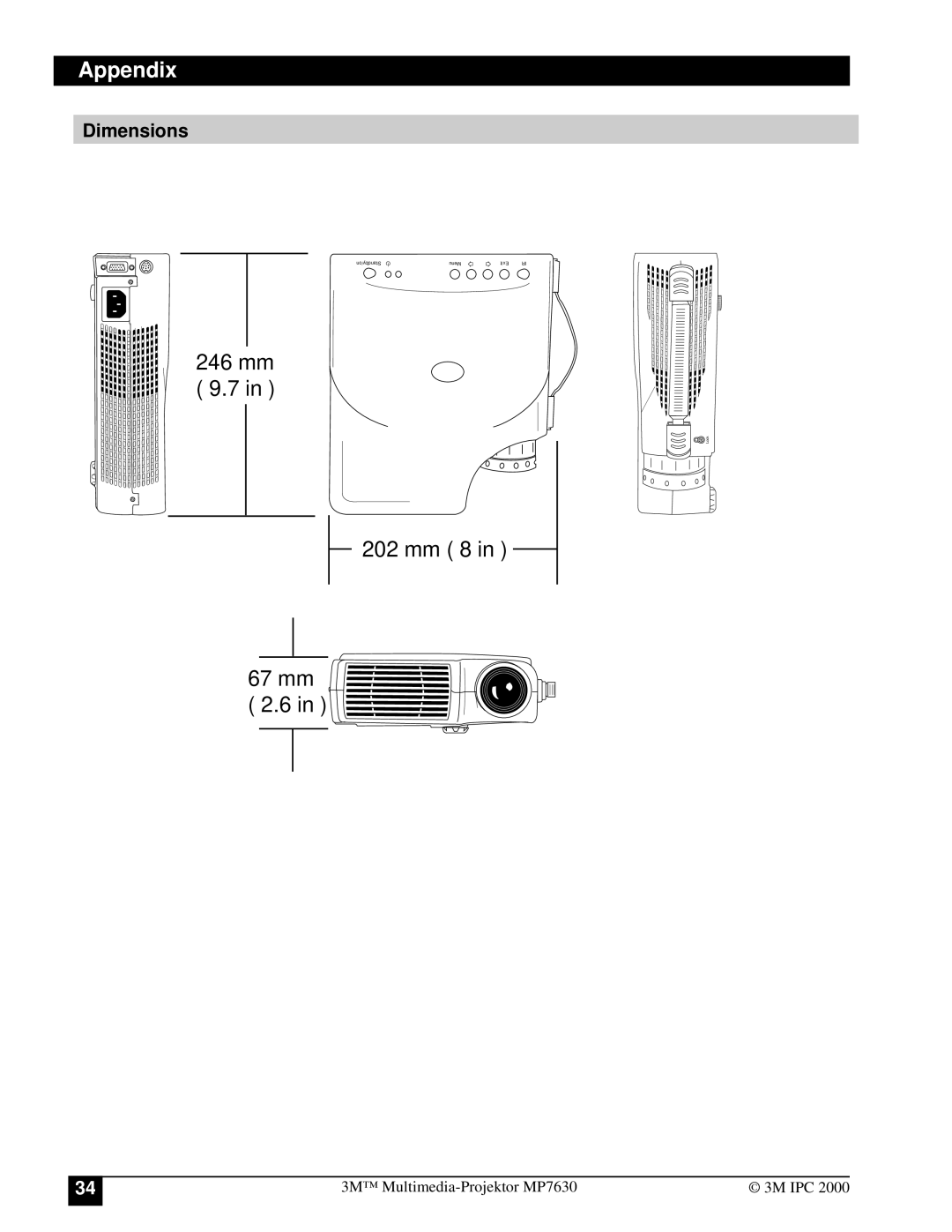 3M MP7630 manual Dimensions 