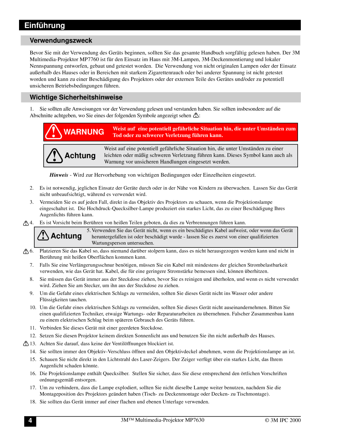 3M MP7630 manual Einführung, Verwendungszweck, Wichtige Sicherheitshinweise 