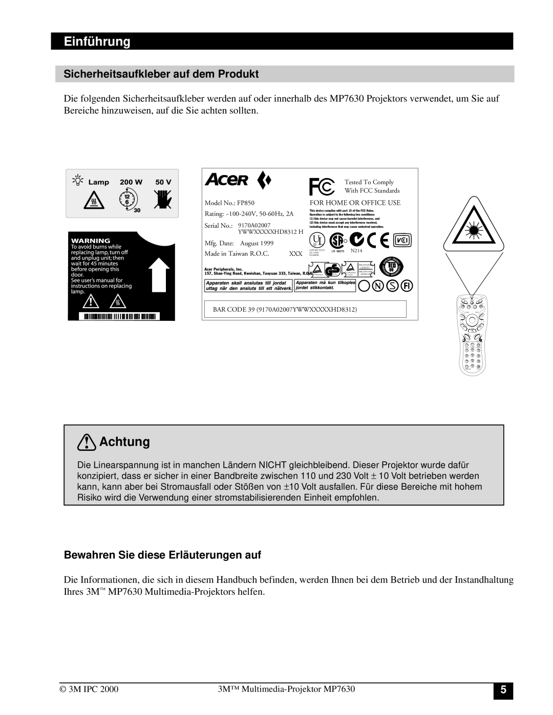 3M MP7630 manual Einfü hrung, Sicherheitsaufkleber auf dem Produkt, Bewahren Sie diese Erlä uterungen auf 