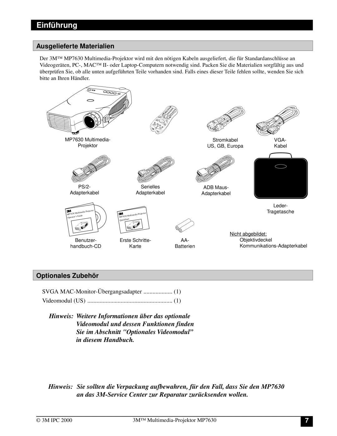 3M MP7630 manual Ausgelieferte Materialien, Optionales Zubehö r 