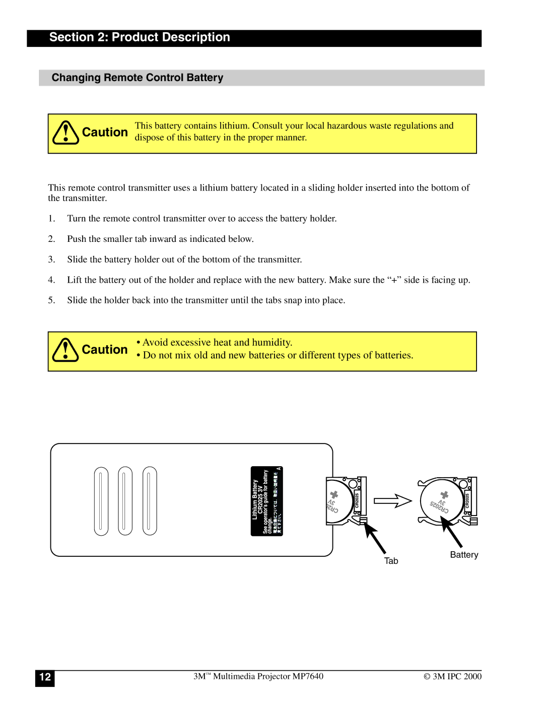 3M MP7640 manual Changing Remote Control Battery 