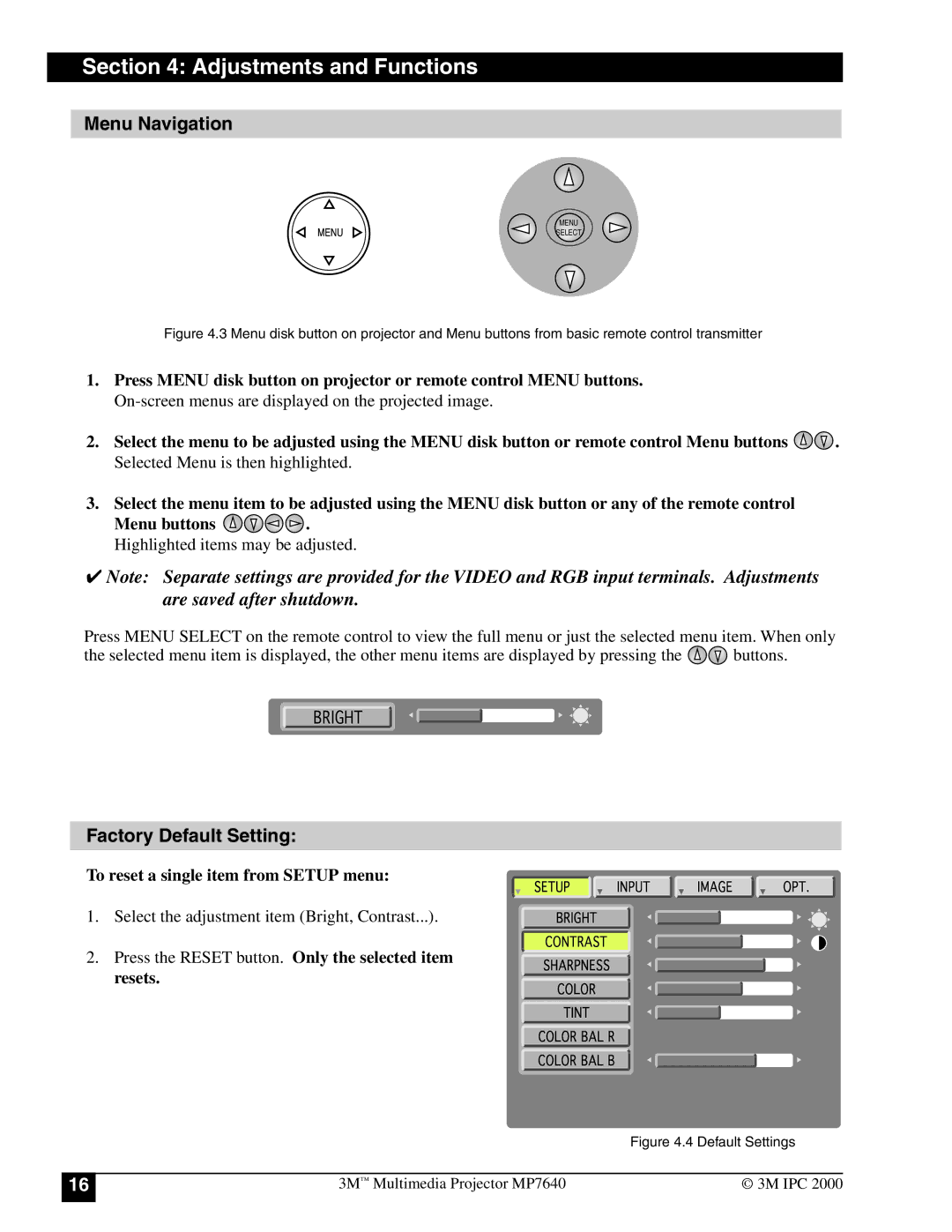 3M MP7640 manual Menu Navigation, Factory Default Setting 