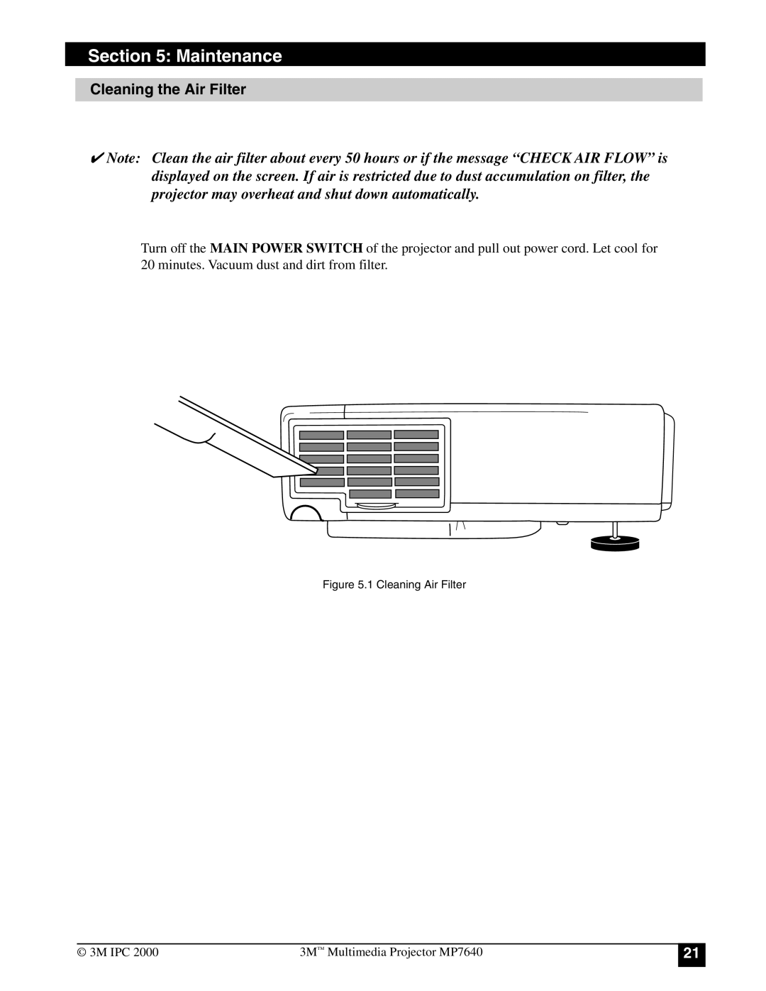 3M MP7640 manual Maintenance, Cleaning the Air Filter 