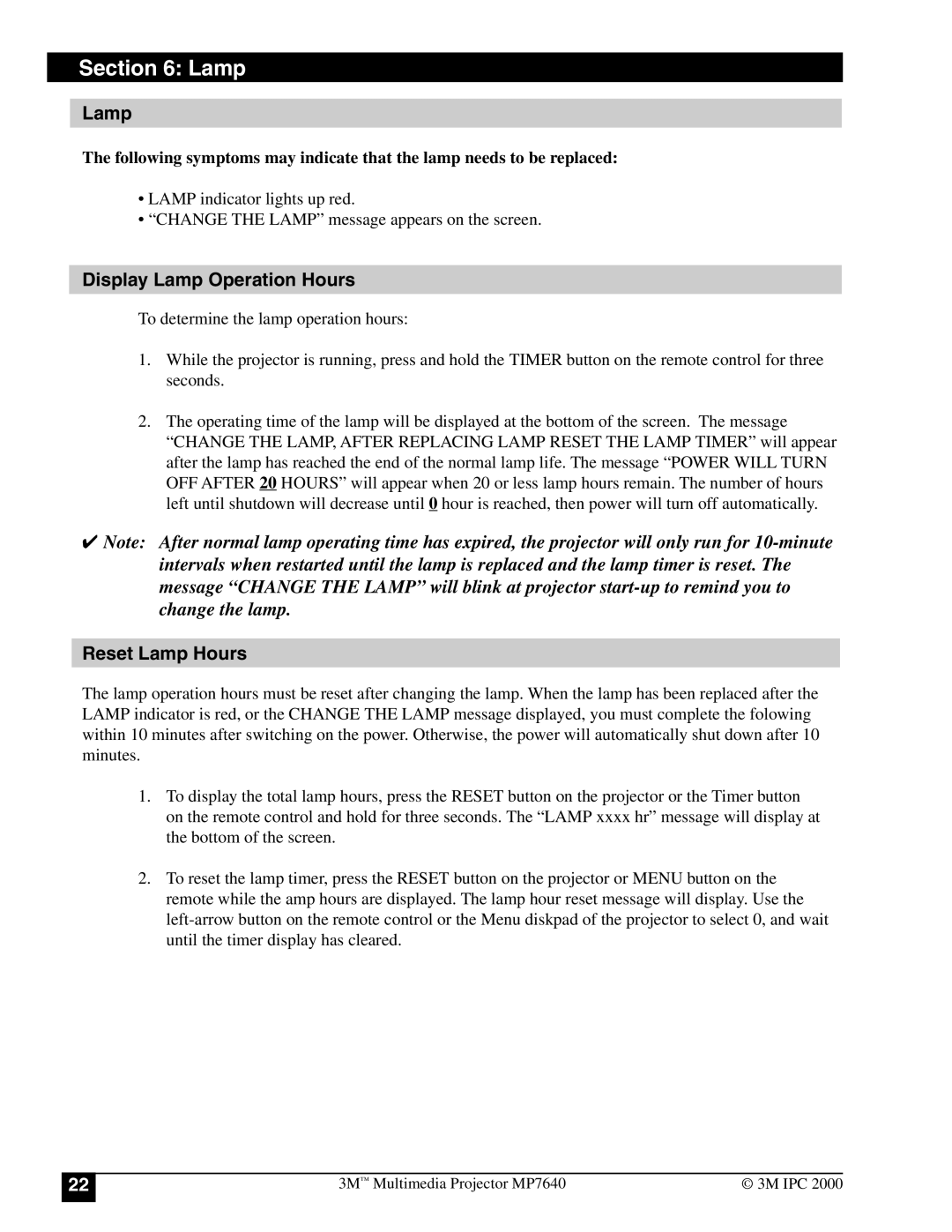 3M MP7640 manual Display Lamp Operation Hours, Reset Lamp Hours 