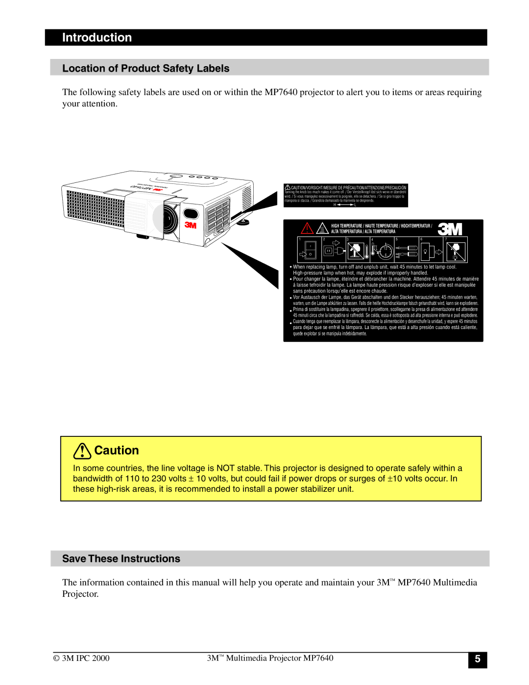 3M MP7640 manual Location of Product Safety Labels 